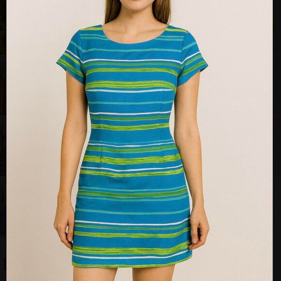 American Vintage Dresses & Skirts - Vintage 90s 1990s Y2K 2000s Blue and green striped short sleeve dress